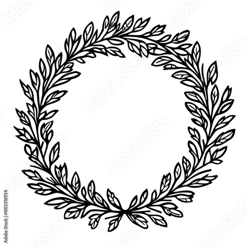 This elegant wreath design showcases a simple line interface with intricately detailed leaves, perfect for use in invitations, crafts, or seasonal decor