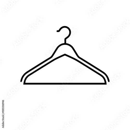 This simple line icon depicts a hanger, illustrating a common tool used for hanging clothes, emphasizing cleanliness and organization in fashion