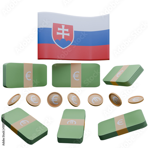 3D render illustration of Slovakia flag and currency called Euro photo