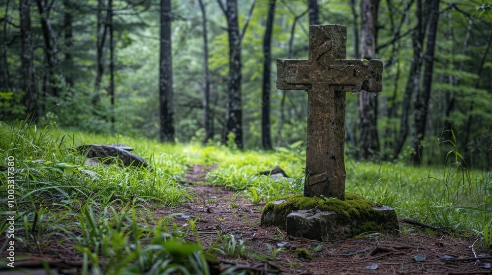 Old Stone Cross in Lush Forest Landscape Old Stone Cross in Lush Forest Landscape