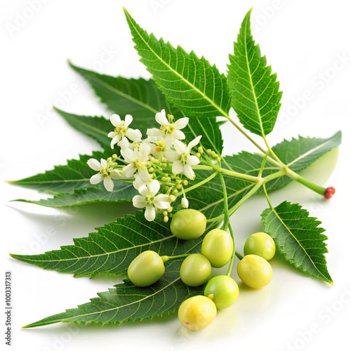 Medicinal neem leaves and flower with fruits, isolated on white background