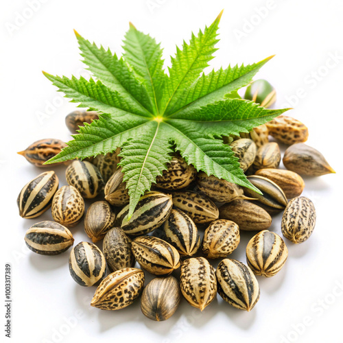 Herbal castor beans with leaves, isolated on white background