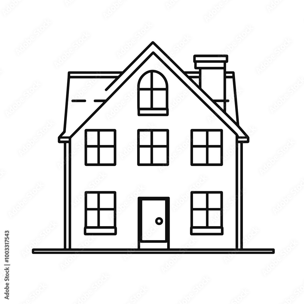 This simple line icon represents a house with a chimney and windows, suitable for use in graphic designs, apps, and web interfaces focused on home-related themes This simple line icon represents a house with a chimney and windows, suitable for use in graphic designs, apps, and web interfaces focused on home-related themes