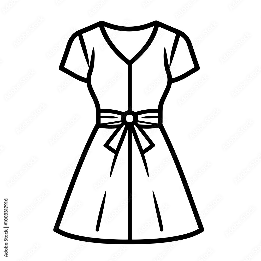 A minimalistic line art illustration of a dress featuring short sleeves and a cinched waist with a bow, suitable for fashion themes and design applications