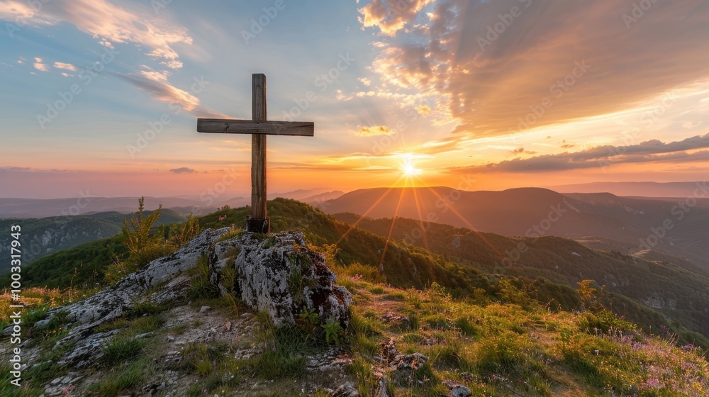 Scenic Cross at Sunset on Mountain Peak Scenic Cross at Sunset on Mountain Peak