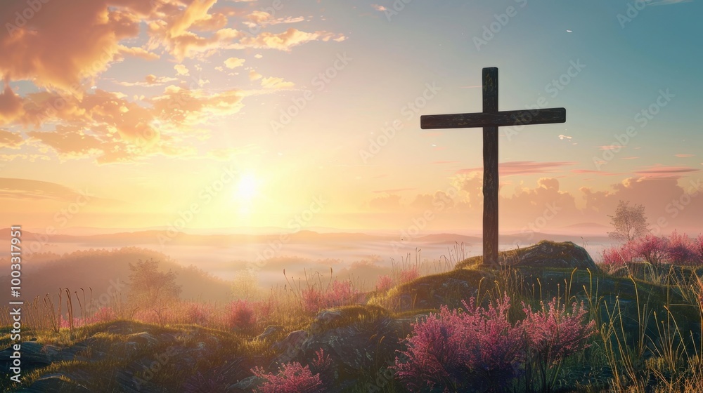 Serene Sunrise Over Cross in Pastoral Landscape Serene Sunrise Over Cross in Pastoral Landscape