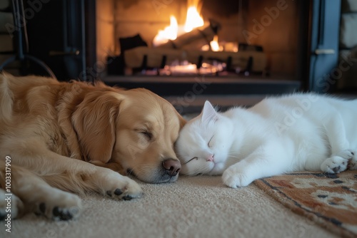 Cozy golden retriever and white cat sleeping by fireplace