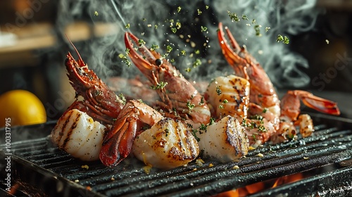 Close up of grilled shrimp and scallops on a grill with smoke and herbs falling.