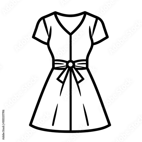 A minimalistic line art illustration of a dress featuring short sleeves and a cinched waist with a bow, suitable for fashion themes and design applications