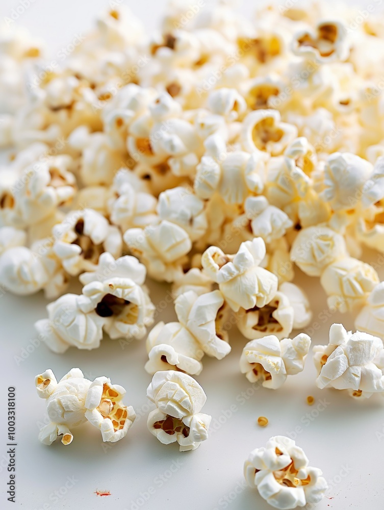 Pile of freshly popped popcorn on white background, crunchy and fluffy texture. Golden kernels explode in mid-air, salty and sweet flavors. Delicious snack food, isolated on plain background. Pile of freshly popped popcorn on white background, crunchy and fluffy texture. Golden kernels explode in mid-air, salty and sweet flavors. Delicious snack food, isolated on plain background.