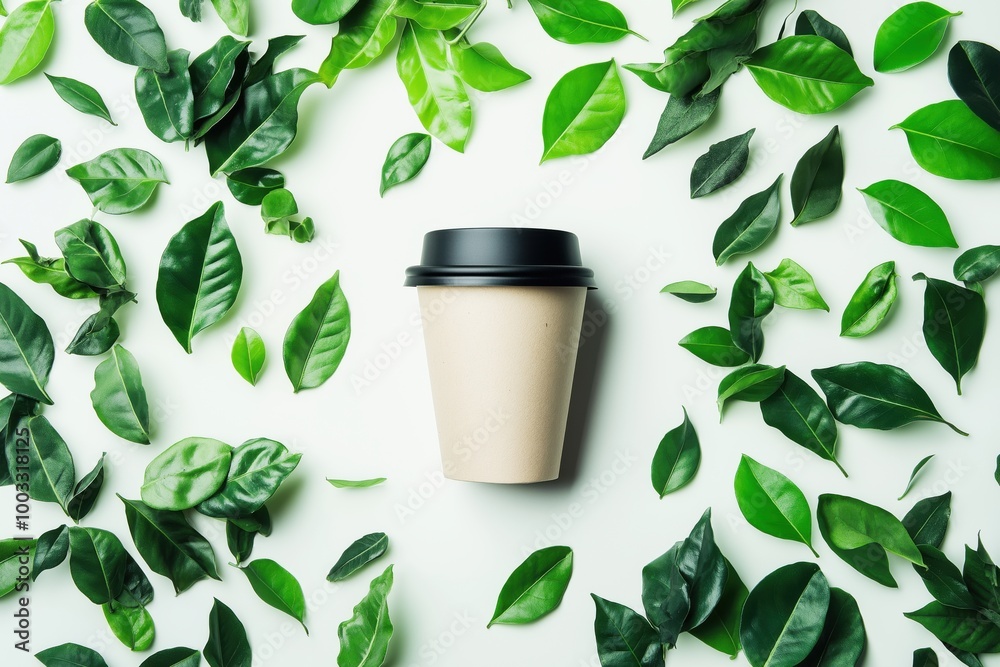 Eco-friendly coffee cup surrounded by green leaves Eco-friendly coffee cup surrounded by green leaves