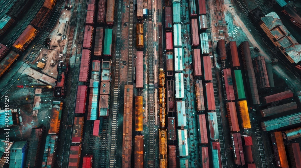Aerial View of Colorful Cargo Trains in Railway Yard