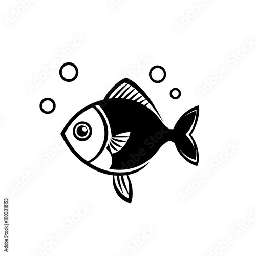 This simple line interface icon features a stylized fish design accompanied by bubbles, perfect for aquatic-themed illustrations and digital content photo