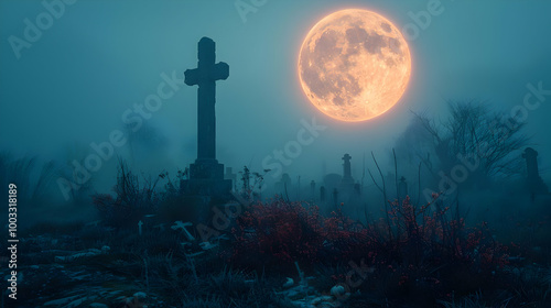 Graveyard Under a Full Moon - 3D Illustration