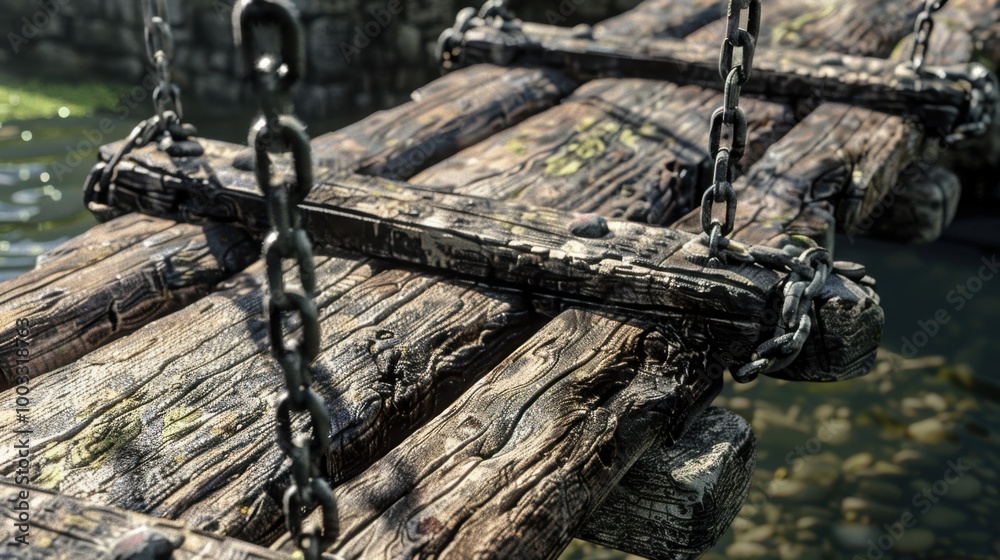 Rustic Wooden Bridge with Chains over Water Rustic Wooden Bridge with Chains over Water