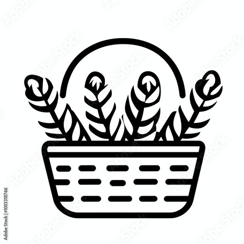 This vector design features a straightforward line-drawn basket containing several sprigs, ideal for various digital applications and creative projects