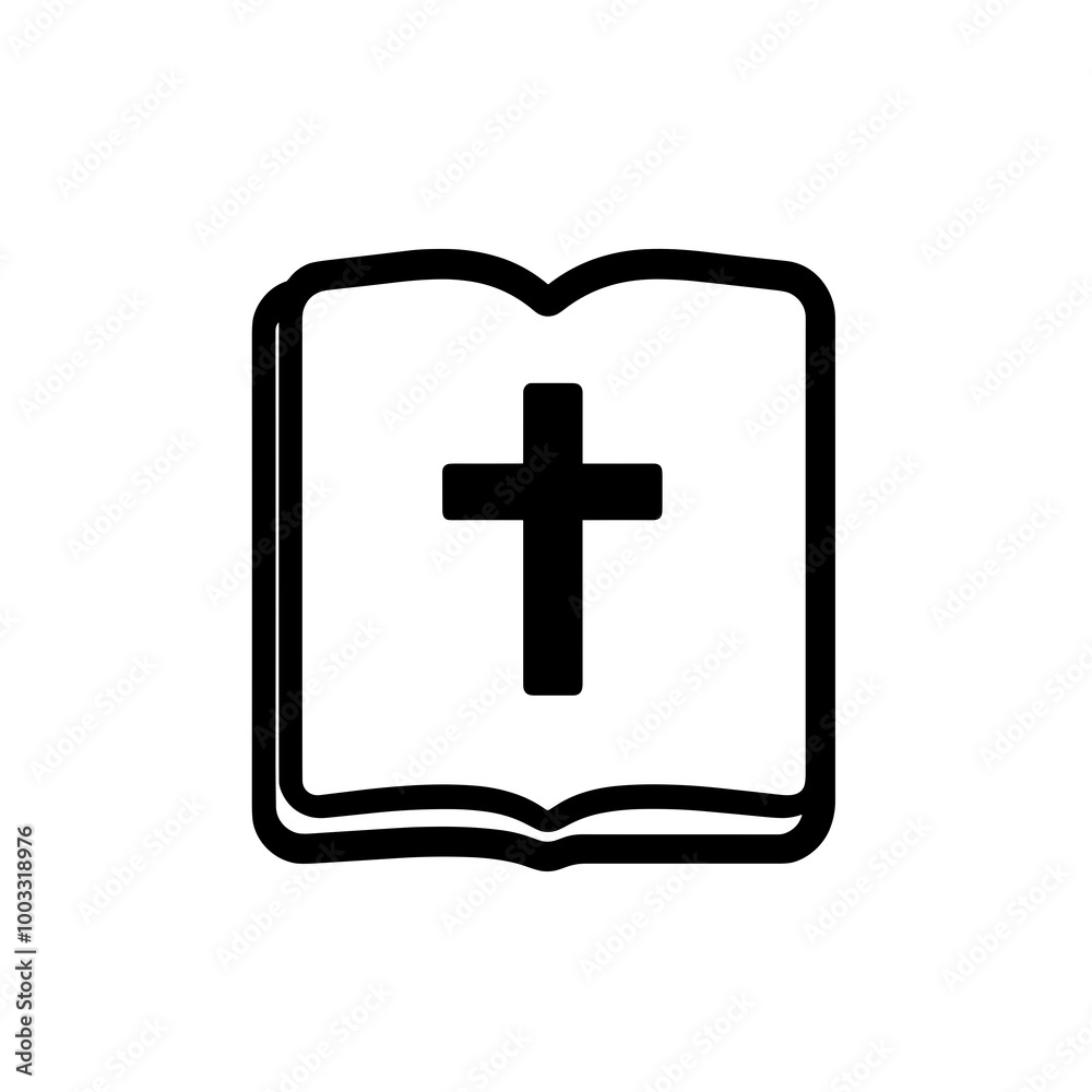 This vector icon features a simplistic black outline of an open book with a cross, symbolizing religious texts and spiritual beliefs in a clean design This vector icon features a simplistic black outline of an open book with a cross, symbolizing religious texts and spiritual beliefs in a clean design