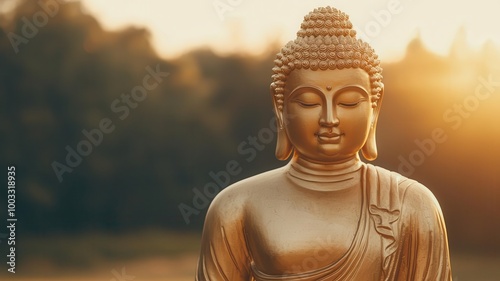 A golden Buddha statue glowing in the sunlight, symbolizing peace and spirituality, golden Buddha, spiritual gold