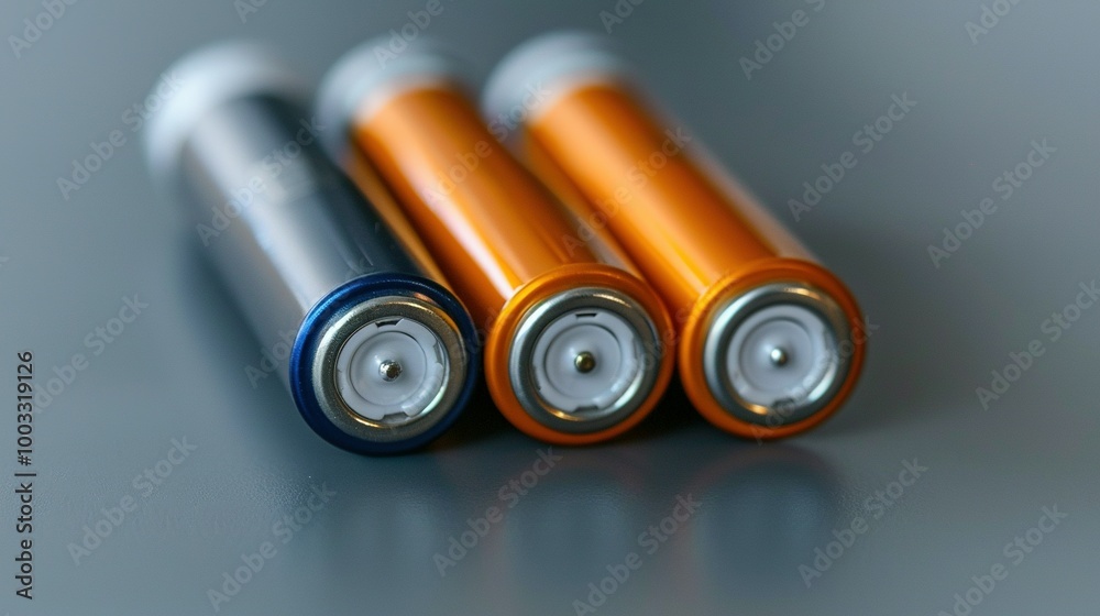 Three AA Batteries, One Blue, Two Orange, on Grey Surface Three AA Batteries, One Blue, Two Orange, on Grey Surface