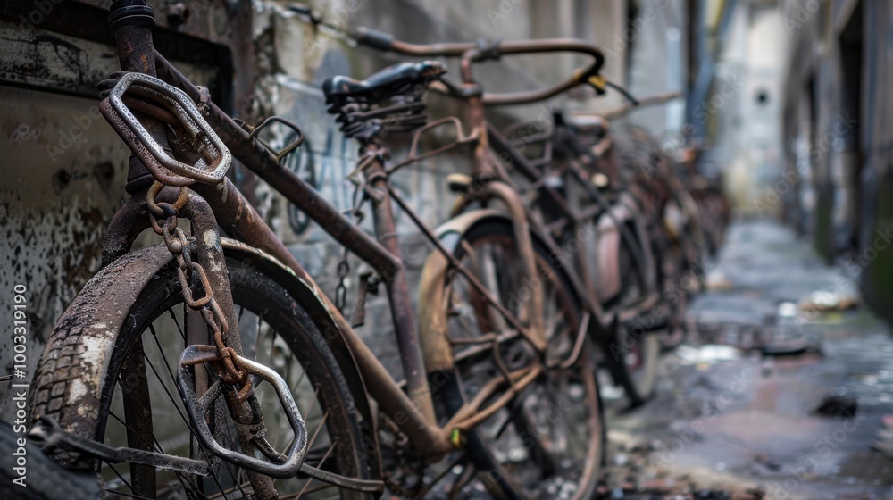 Abandoned bicycles in urban alleyway setting Abandoned bicycles in urban alleyway setting