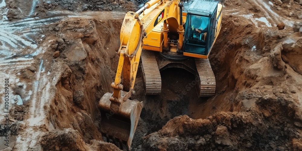 Fototapeta premium Excavator digging deep hole at construction site