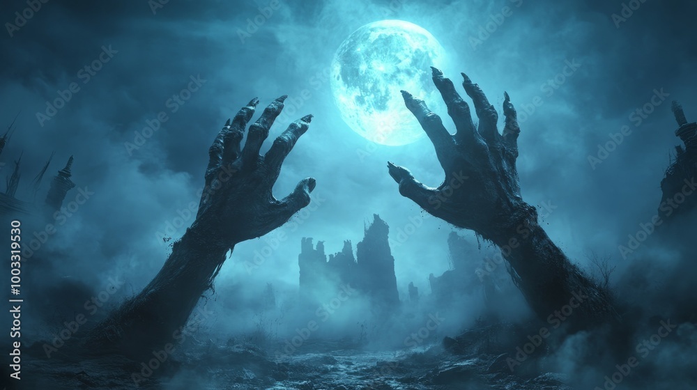 Obraz premium Two skeletal hands reach up towards a glowing moon in a dark, eerie landscape.
