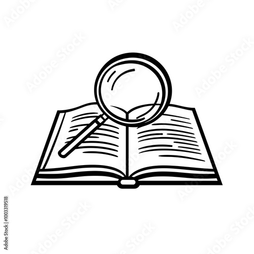 A simple line drawing features a magnifying glass resting on an open book, emphasizing the text and enhancing reading clarity in a clean design