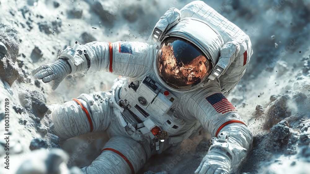 Astronaut in a white spacesuit falls on a rocky surface. Astronaut in a white spacesuit falls on a rocky surface.