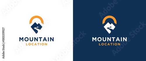 Mountain Logo Design Inspiration with Location Pin. Outdoor Travel Symbol.