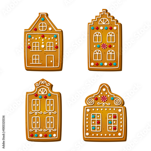 Christmas gingerbread house cookies in cartoon style isolated on white background. Sweet sugar biscuits in shape of Amsterdam buildings. Traditional cakes and crackers. Vector illustration