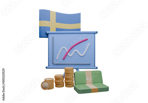 3D render illustration of Sweden flag and currency called Krona