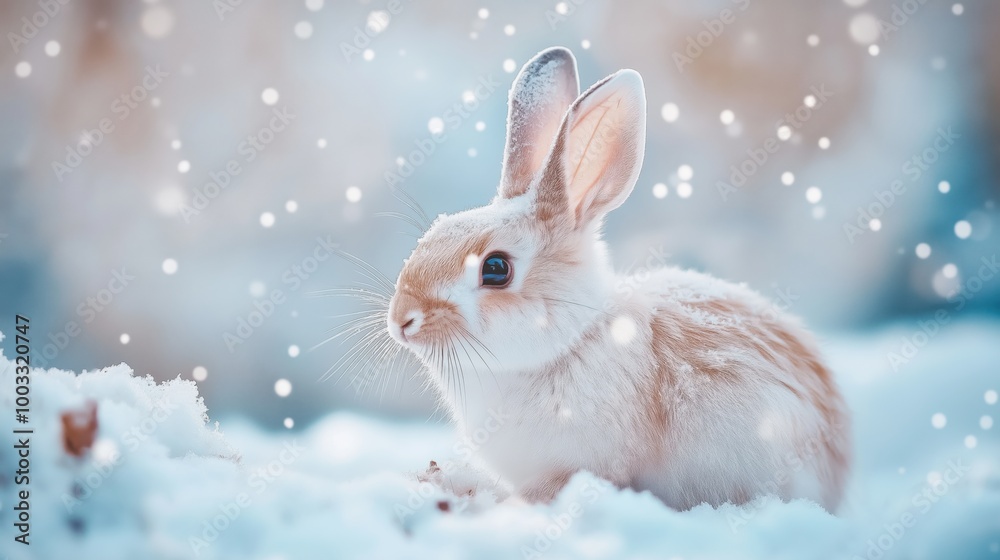 Obraz premium Cute rabbit in snowy winter landscape