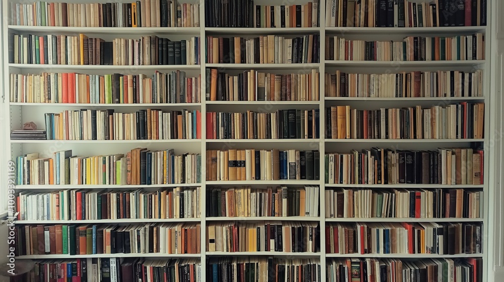 Large white bookcase filled with books in library Large white bookcase filled with books in library