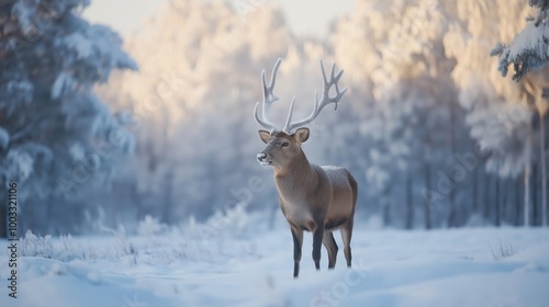 Majestic deer with frosted antlers in snowy forest