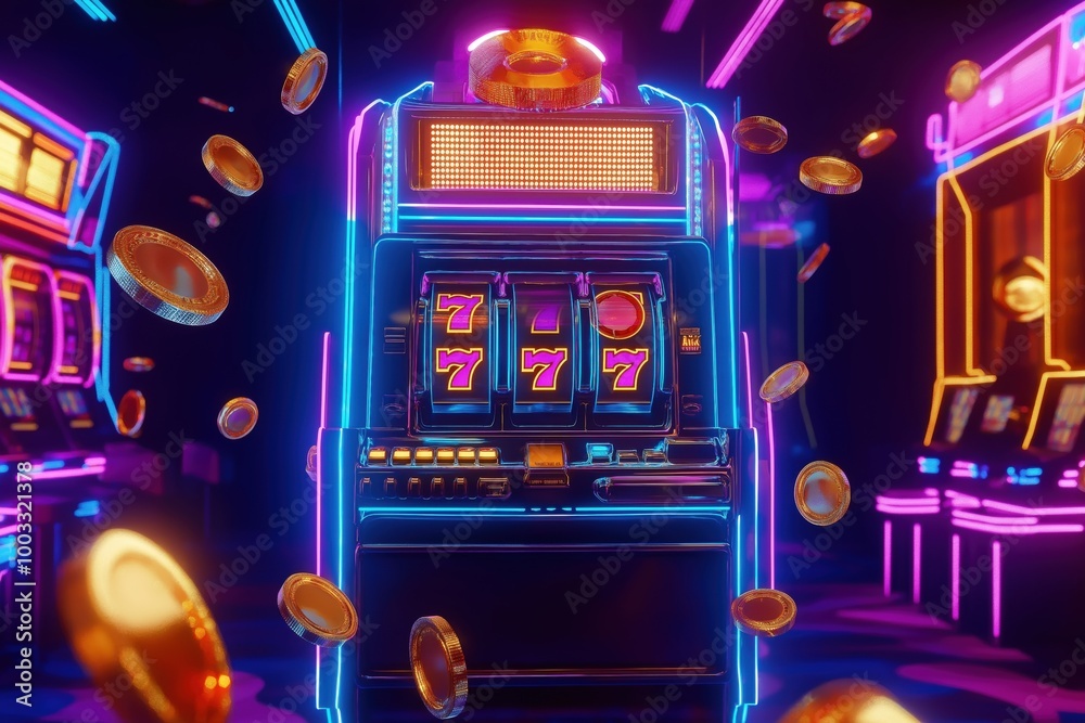 Casino slot machine with neon lights and flying coins Casino slot machine with neon lights and flying coins