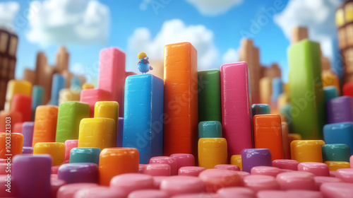 A colorful city with a small blue figure standing on top of a tower