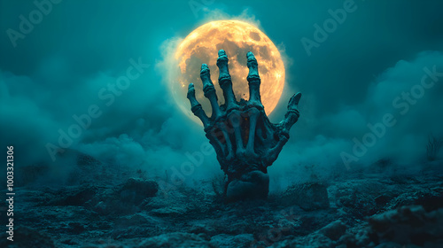 Skeleton Hand Reaching Up From the Ground with Full Moon in the Night Sky - Illustration photo