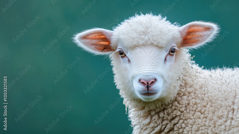 Fototapeta premium Adorable white lamb with fluffy wool and alert ears against green background