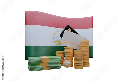 3D render illustration of Tajikistan flag and currency called Somoni photo