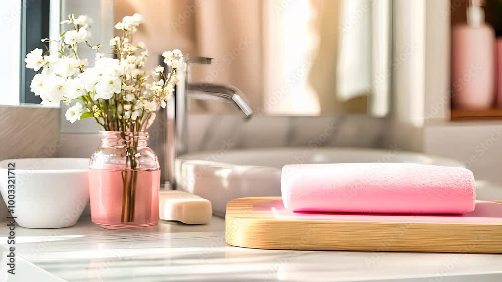 Elegant Bathroom Counter with Pink Towel and Floral Decor Elegant Bathroom Counter with Pink Towel and Floral Decor