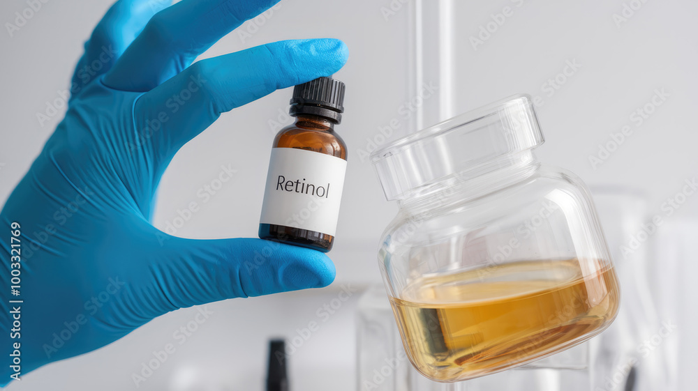 A person is holding a bottle of Retinol. The bottle is brown and has a white label A person is holding a bottle of Retinol. The bottle is brown and has a white label
