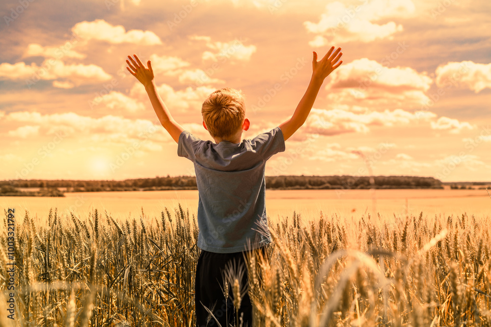Happy child standing in meadow with arms up to the sunrise, feelings of hope, happiness Happy child standing in meadow with arms up to the sunrise, feelings of hope, happiness