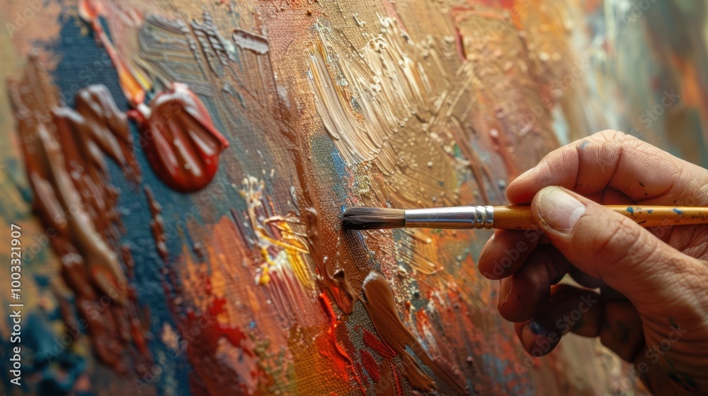 Close-Up of Artist Hand Holding Brush on Canvas Close-Up of Artist Hand Holding Brush on Canvas
