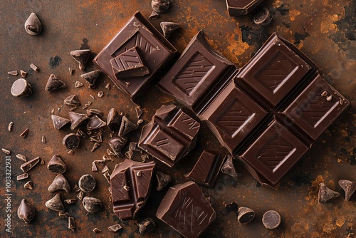 Top view of chocolate bar pieces with chocolate chips on rust metal background. Rich, dark cocoa treats on rough, industrial surface. Close-up of delicious chocolate dessert on black metal. photo