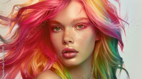 Colorful Hair Beauty Portrait with Freckles