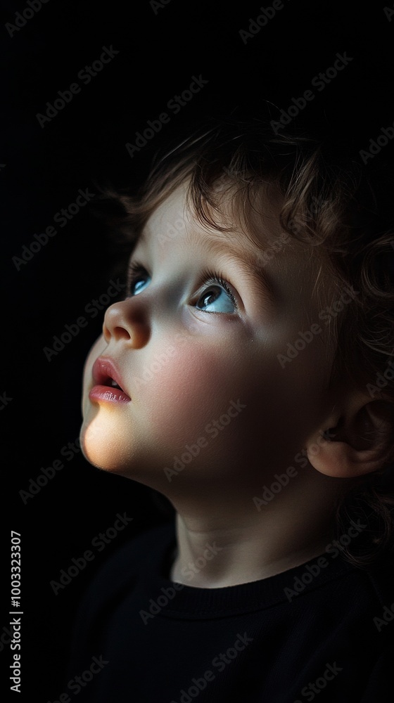 Child looking up in dramatic lighting, emotional Child looking up in dramatic lighting, emotional