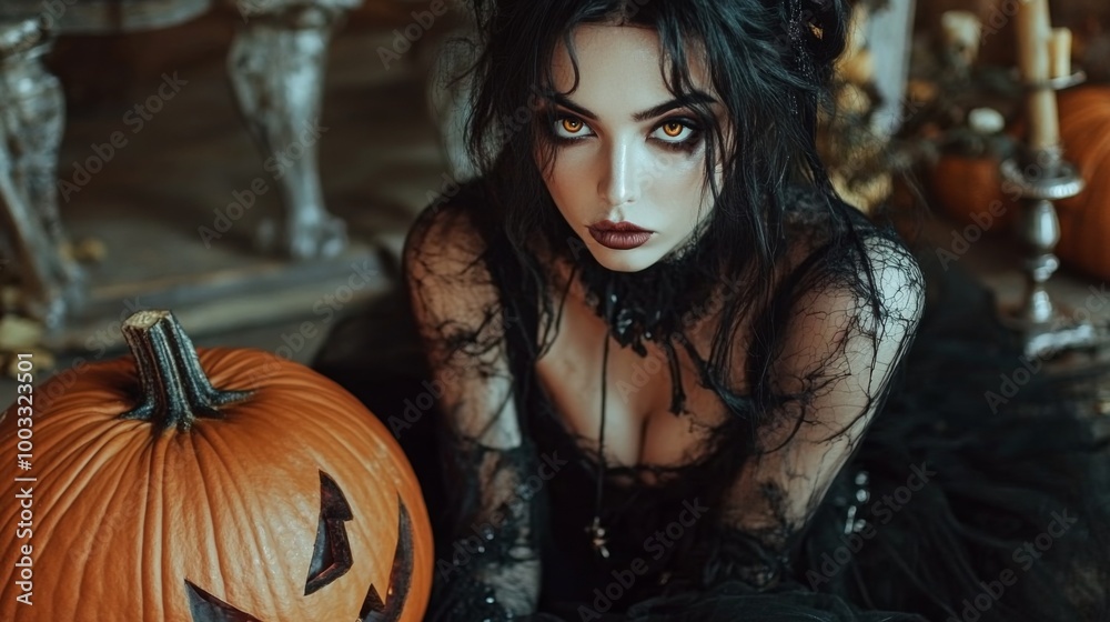 Dark Gothic Halloween Aesthetic with Pumpkins and Mysterious Girl Dark Gothic Halloween Aesthetic with Pumpkins and Mysterious Girl