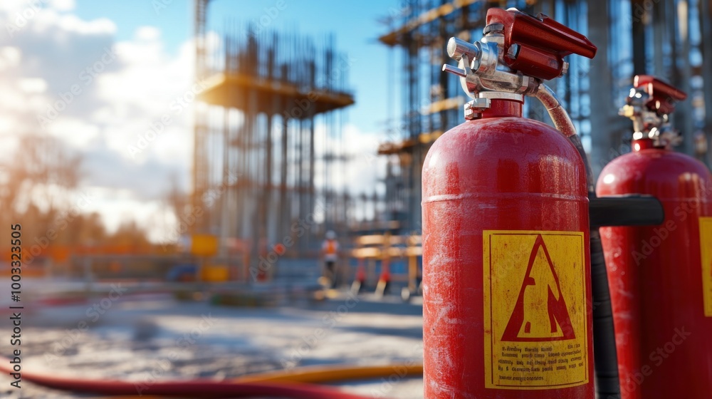 Generate a photo realistic image of fire safety preparedness drills at a construction site, with fire extinguishers, fire safety training, evacuation procedures, and construction site overview visible Generate a photo realistic image of fire safety preparedness drills at a construction site, with fire extinguishers, fire safety training, evacuation procedures, and construction site overview visible