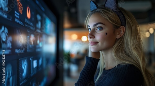 closeup shot of A confident female leader presenting a Halloween-themed marketing strategy on a large screen in a modern office, wearing a cat-ear headband and displaying professionalism