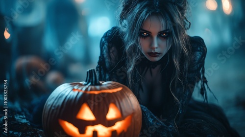 Dark Gothic Halloween Aesthetic with Pumpkins and Mysterious Girl